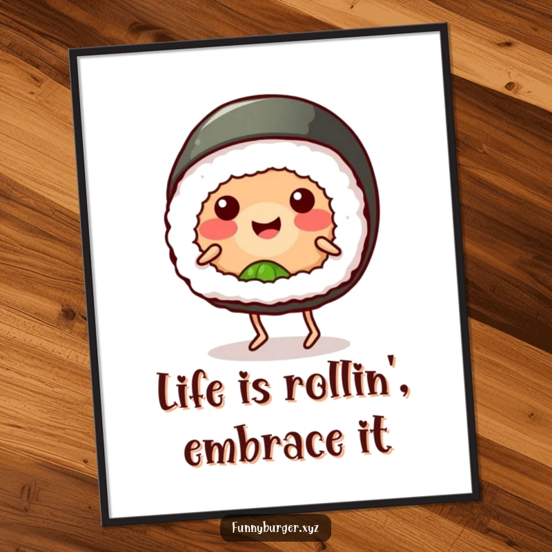 Funny Free Printable Wall Art of a joyful sushi roll with legs doing a silly dance, perfect for kitchens.