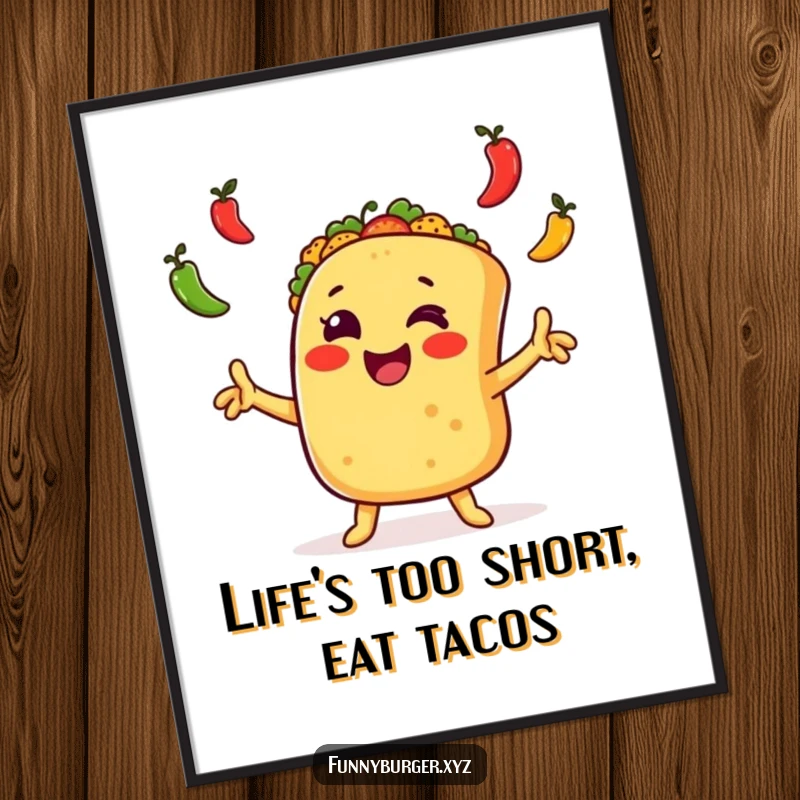 Funny Free Printable Wall Art of a joyful taco juggling peppers with its arms waving excitedly.