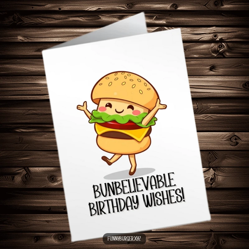 Funny Free Printable Birthday Card: Smiling burger character in a ballet tutu, elegantly twirling with a sesame seed bun.