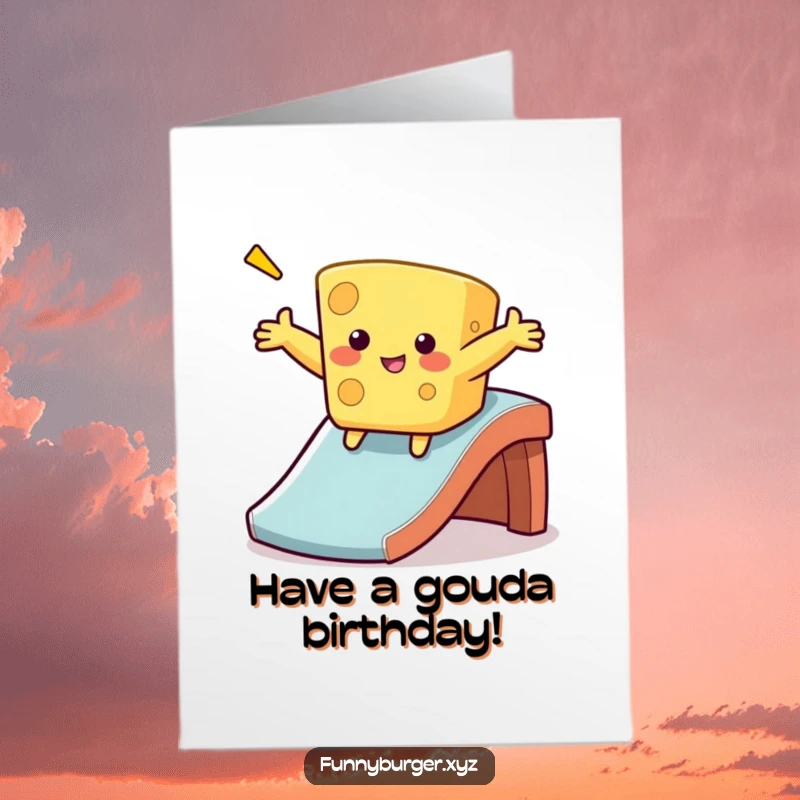 Funny Free Printable Birthday Card: a wobbly cheese character sliding down a slide with arms outstretched.