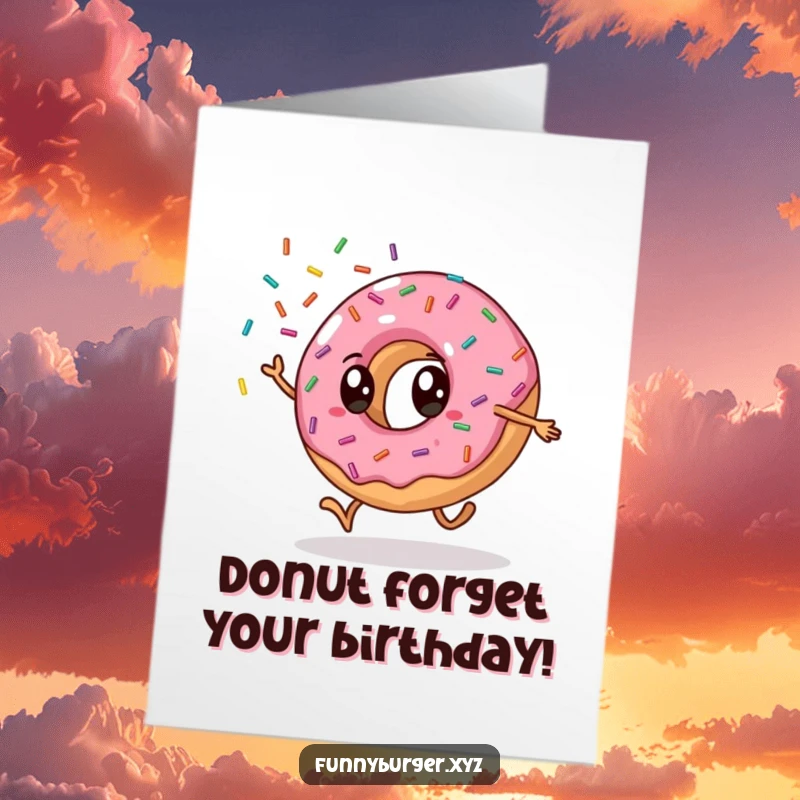Funny Free Printable Birthday Card: a happy donut cartwheeling and showering bright sprinkles.