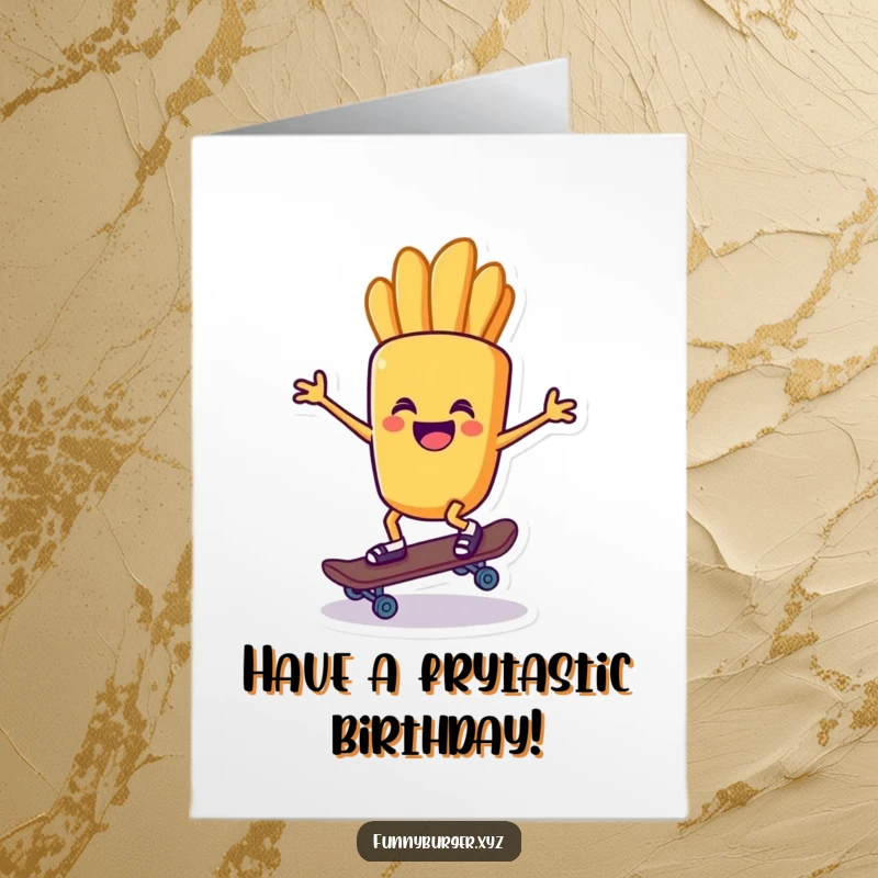 Funny Free Printable Birthday Card: Delighted french fry character attempting to ride a tiny skateboard with a cool attitude.