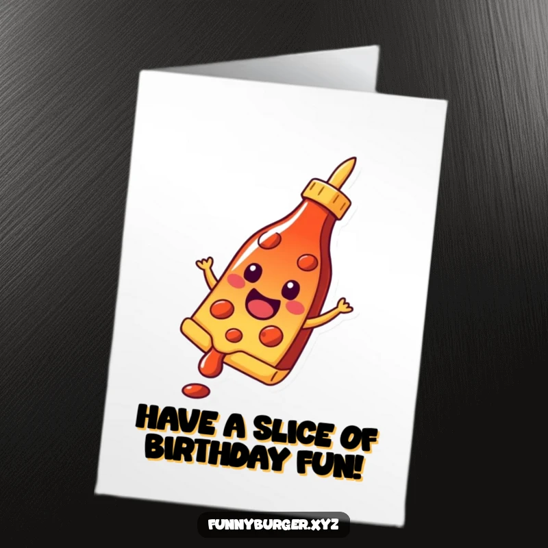 Funny Free Printable Birthday Card of a cheerful pizza slice sliding gleefully down a ketchup bottle.