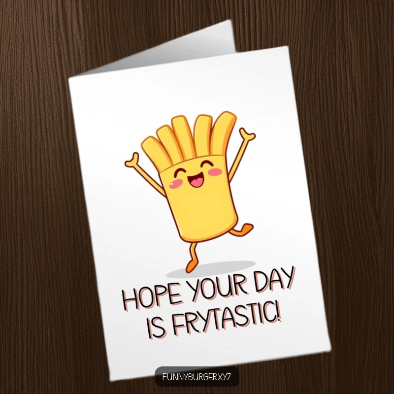 Funny Free Printable Birthday Card featuring a french fry character joyfully hopping with its arms raised high.