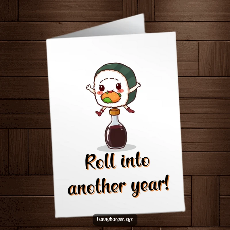 Funny Free Printable Birthday Card: Sushi roll character joyfully leaping over a mini soy sauce bottle, celebrating with seaweed.