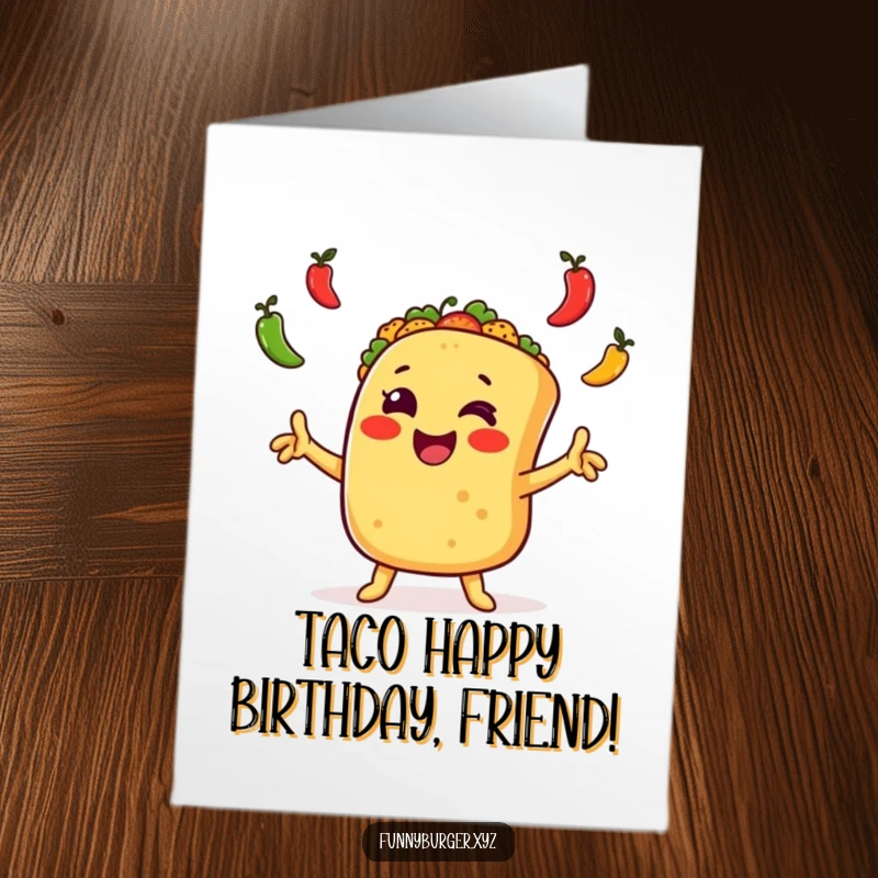 Funny Free Printable Birthday Card: a joyful taco juggling peppers with excitement, ready for a fiesta.