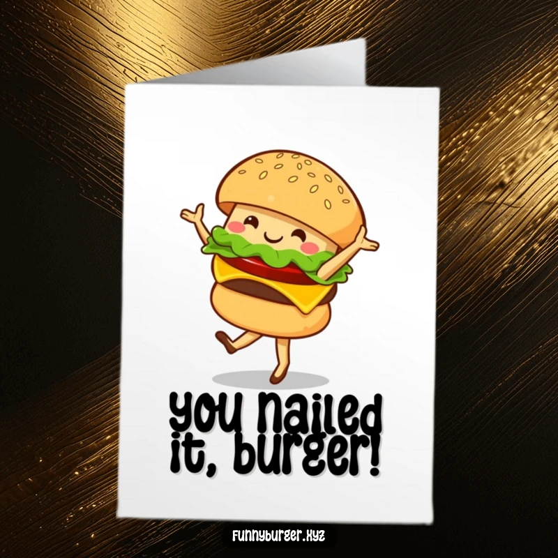 Funny Free Printable Congrats Card: Burger character doing a graceful ballet twirl, celebrating success with a sesame seed bun.