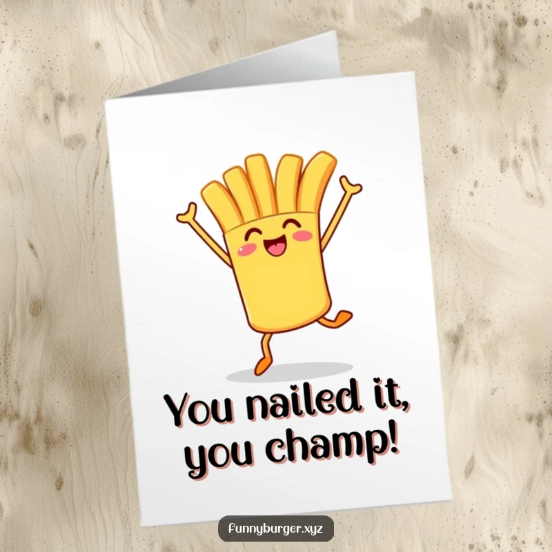 Funny Free Printable Congratulations Card showing a french fry character leaping in celebration with arms in the air.