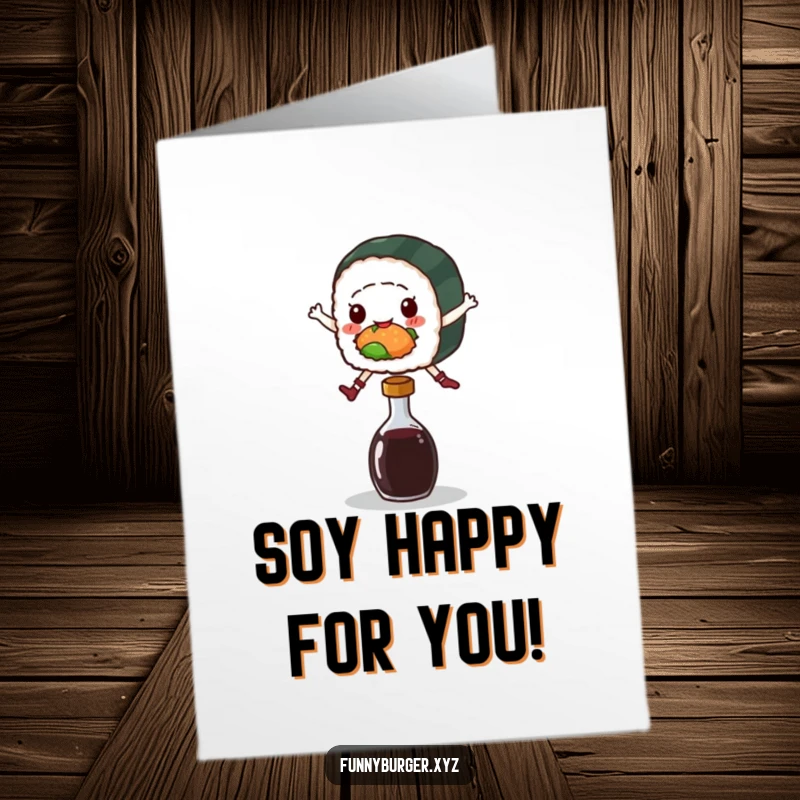 Funny Free Printable Congrats Card: Playful sushi roll character jumping over a tiny soy sauce bottle with seaweed flair.