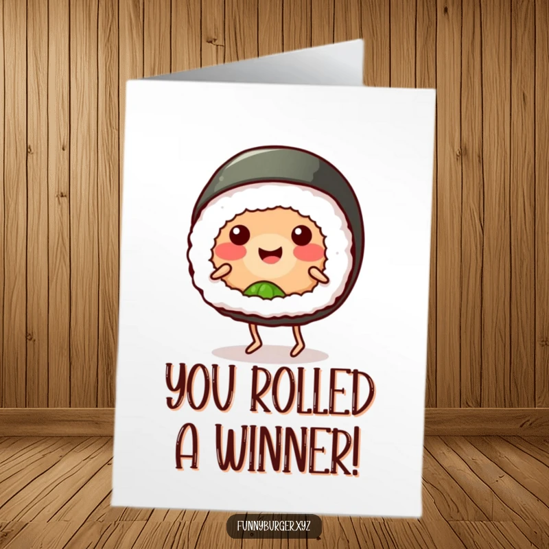 Funny Free Printable Congratulations Card showing a happy sushi roll with legs dancing ecstatically.