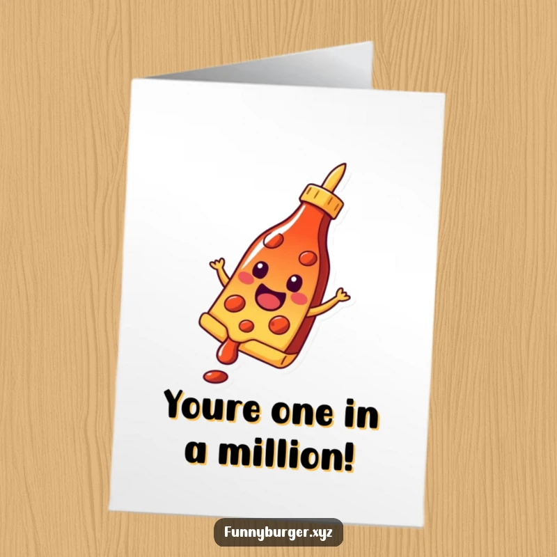 Funny Free Printable Congratulations Card showing a happy pizza slice sliding hilariously down a ketchup bottle.