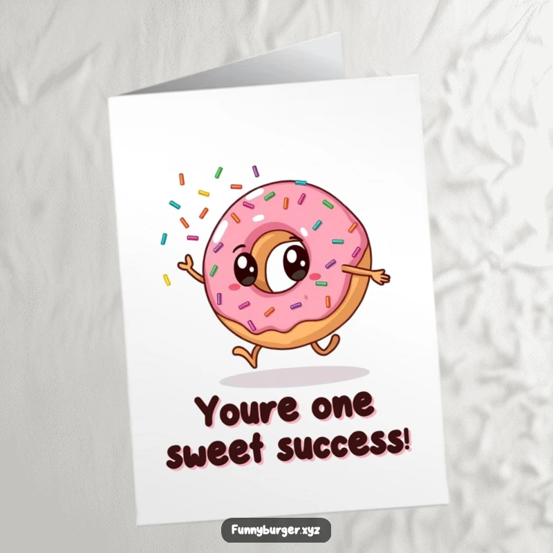 Funny Free Printable Congratulations Card: a donut doing a cartwheel and showering colorful sprinkles with glee.