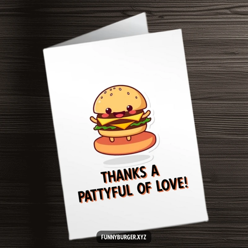 Funny Free Printable Thank You Card showcasing a delighted anthropomorphic burger spinning with gratitude.