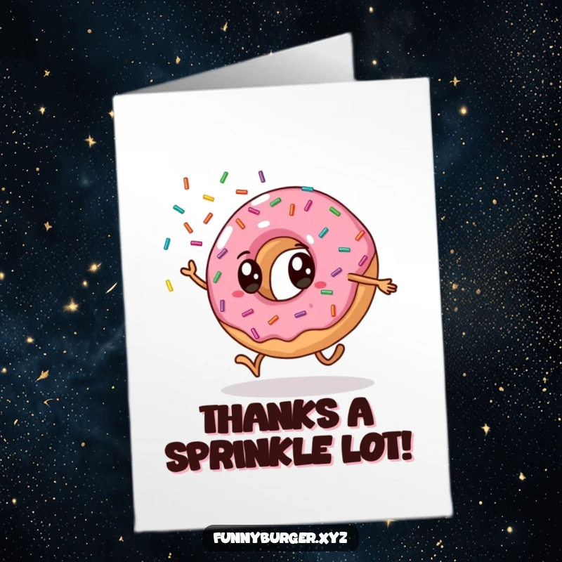 Funny Free Printable Thank You Card featuring a cartwheeling donut showering brightly colored sprinkles.