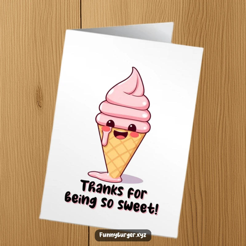 Funny Free Printable Thank You Card of a happy ice cream cone melting slightly with a grateful expression.