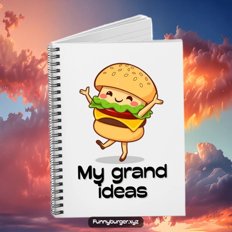 Funny notebook cover featuring a burger character in a ballet twirl, ideal for jotting down funny thoughts and ideas.