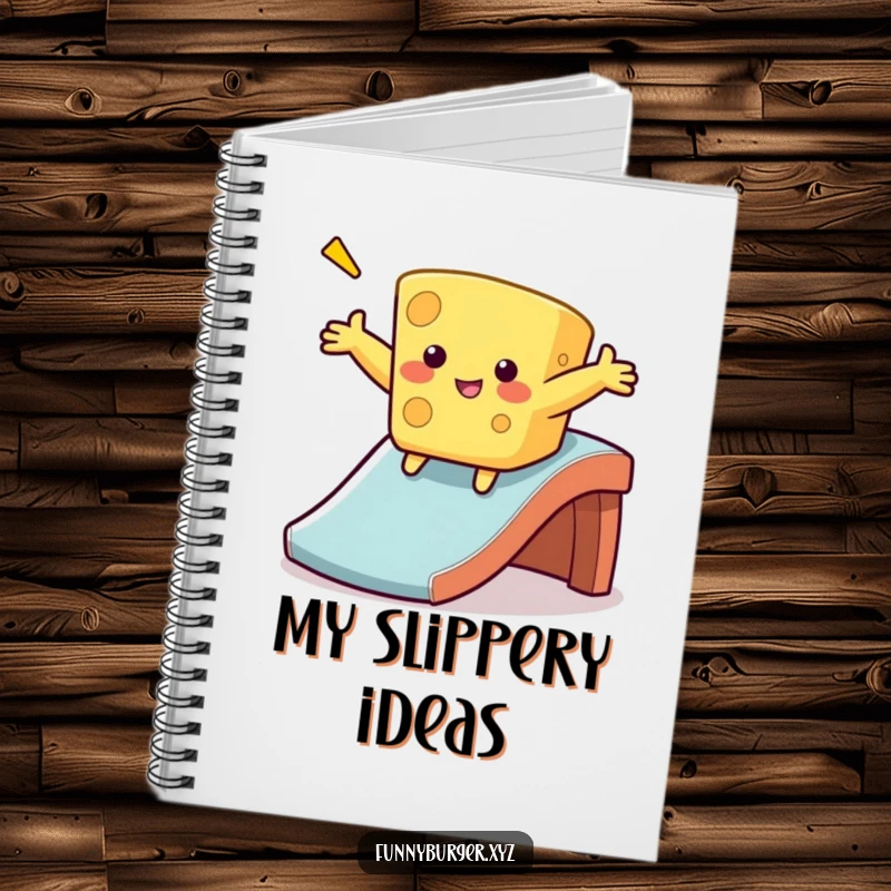 Funny cheese sliding notebook with a wobbly, anthropomorphic cheese sliding down a slide, perfect for humorous note-taking.