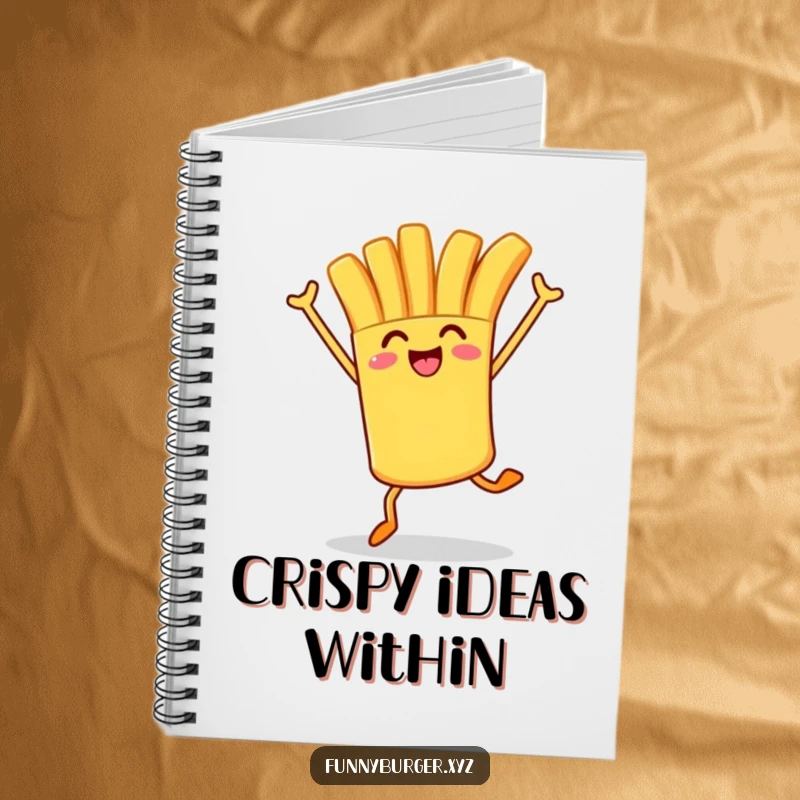 Funny notebook with a french fry character in a joyful hop, ready to document all your important notes and brilliant ideas.