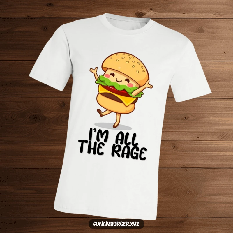 Funny t-shirt featuring a smiling burger character performing an elegant ballet twirl, a hilarious addition to any wardrobe.