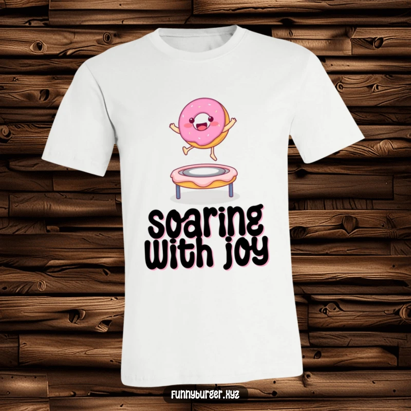 Funny t-shirt depicting a happy donut character gleefully bouncing on a frosting trampoline, full of sweet energy.