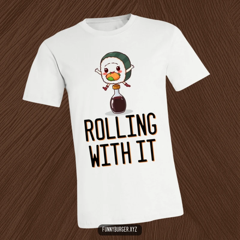Funny t-shirt depicting a playful sushi roll character mid-jump over a tiny soy sauce bottle, full of energy.