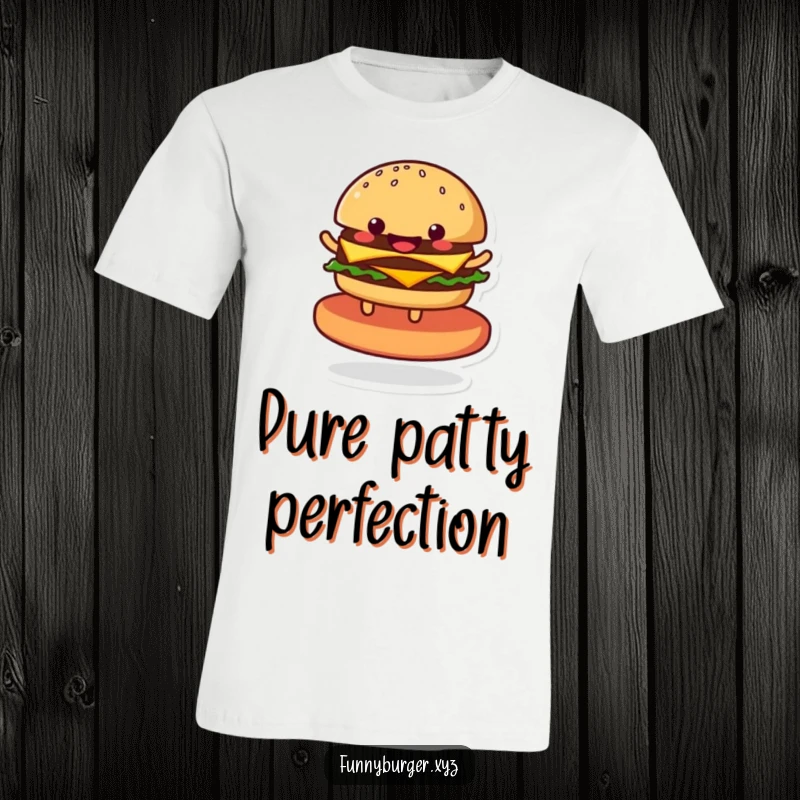 Funny t-shirt showcasing a happy anthropomorphic burger doing a joyful spin on a stylized patty, a celebration of food fun.