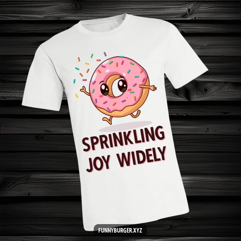 Funny donut cartwheel t-shirt with an anthropomorphic donut doing a cartwheel and showering sprinkles, ideal for a humorous clothing gift.