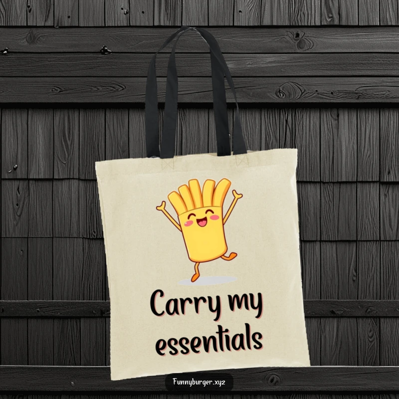 Funny tote bag illustrating a french fry character in an excited hop, arms reaching for the sky, celebrating snack time.
