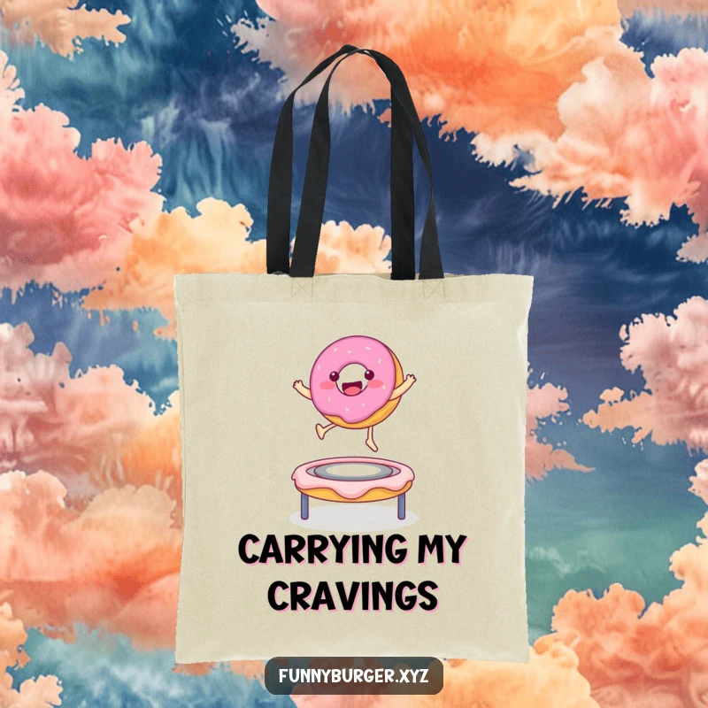 Funny tote bag featuring a donut character bouncing on a frosting trampoline, a stylish and amusing accessory.