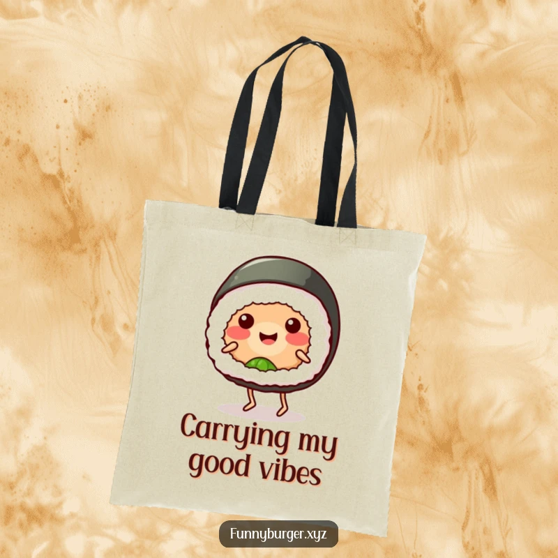 Funny sushi roll tote bag with a smiling, anthropomorphic sushi doing a goofy dance, perfect as a humorous and practical gift.