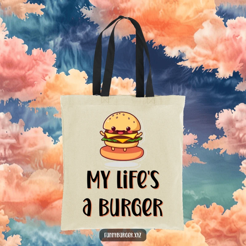 Funny tote bag illustrating a gleeful anthropomorphic burger spinning enthusiastically on a patty, ideal for carrying groceries with humor.