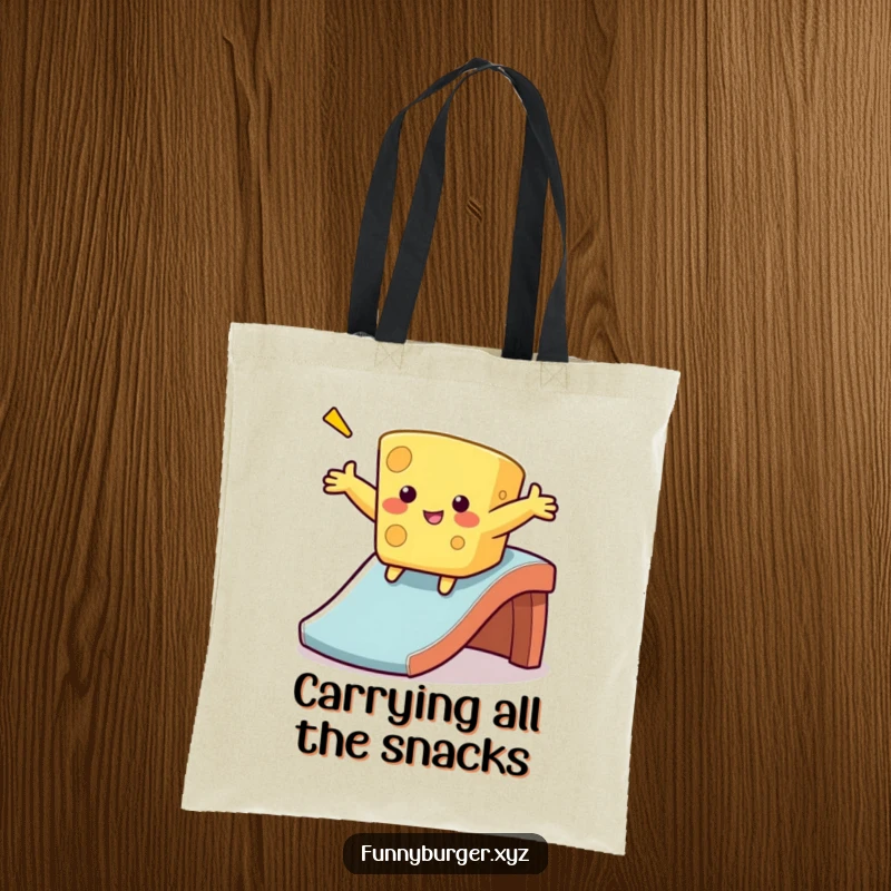 Funny cheese sliding tote bag with a wobbly, anthropomorphic cheese sliding down a slide, perfect for a humorous shopping gift.