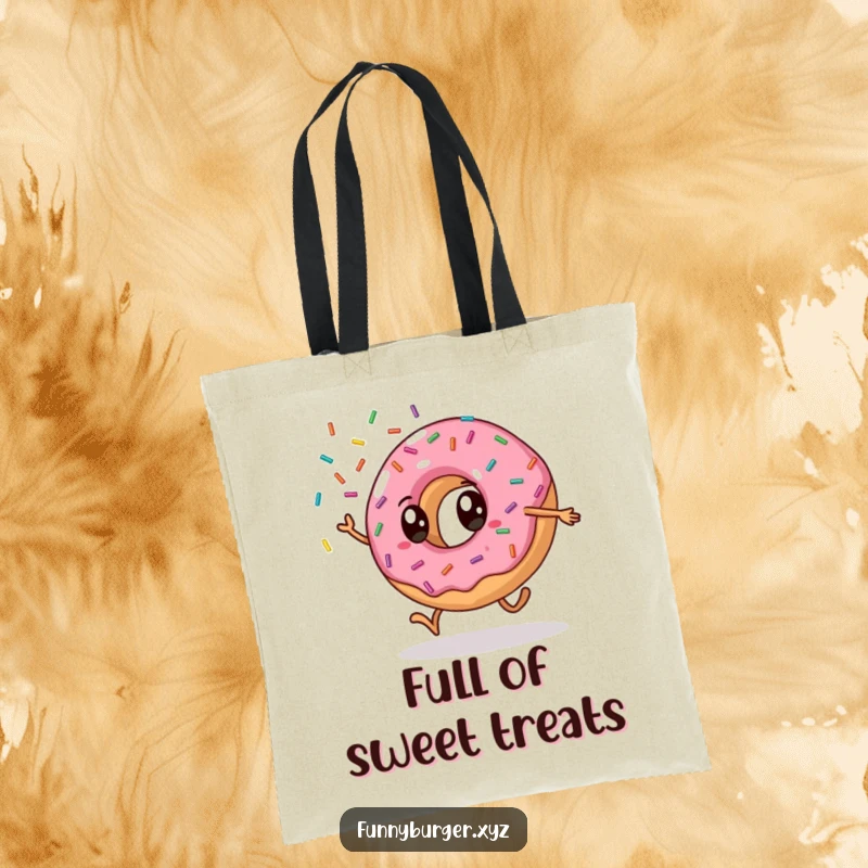 Funny donut cartwheel tote bag with an anthropomorphic donut doing a cartwheel and showering sprinkles, perfect for a humorous shopping gift.