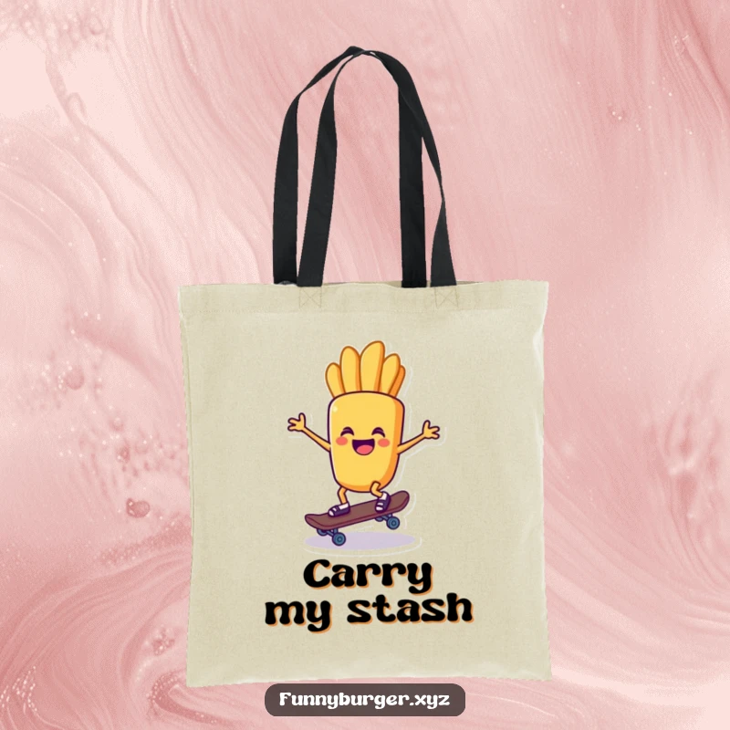 Funny tote bag featuring a french fry character riding a tiny skateboard, a stylish and amusing accessory.